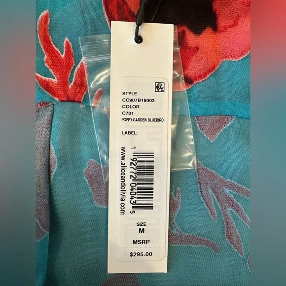 NWT ALICE + OLIVIA Sheer Floral Poppy Garden BlueBird Blouse with Neck Tie - Picture 14 of 16